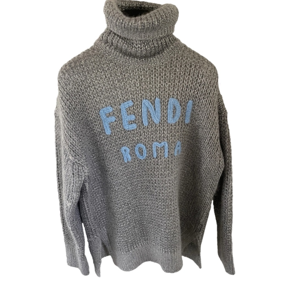 Fendi Gray Turtleneck Sweater with Blue Logo
